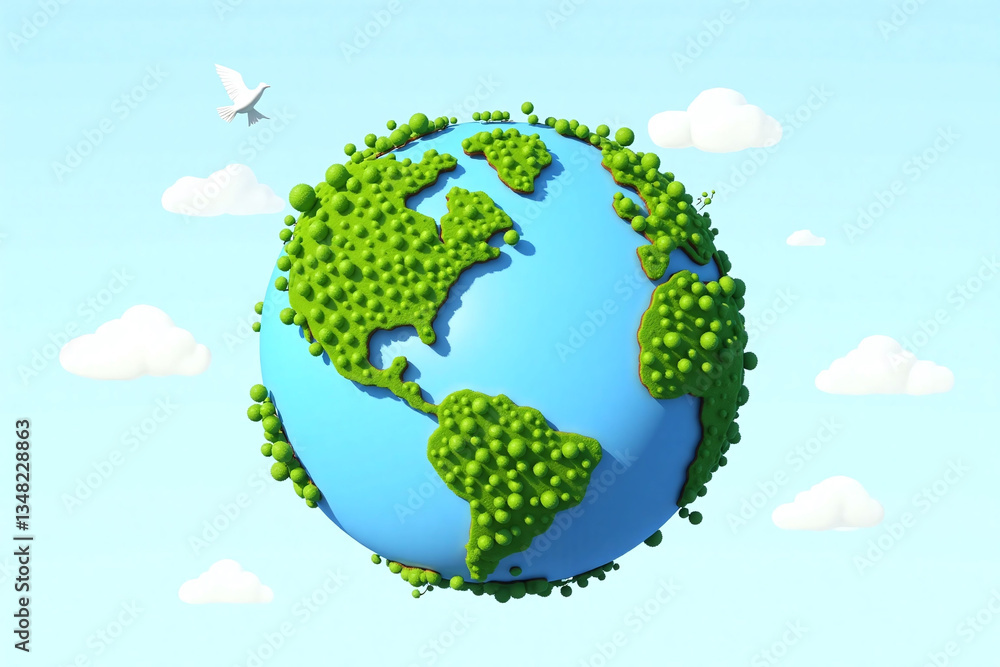 Naklejka premium green earth with trees and birds flying around it
