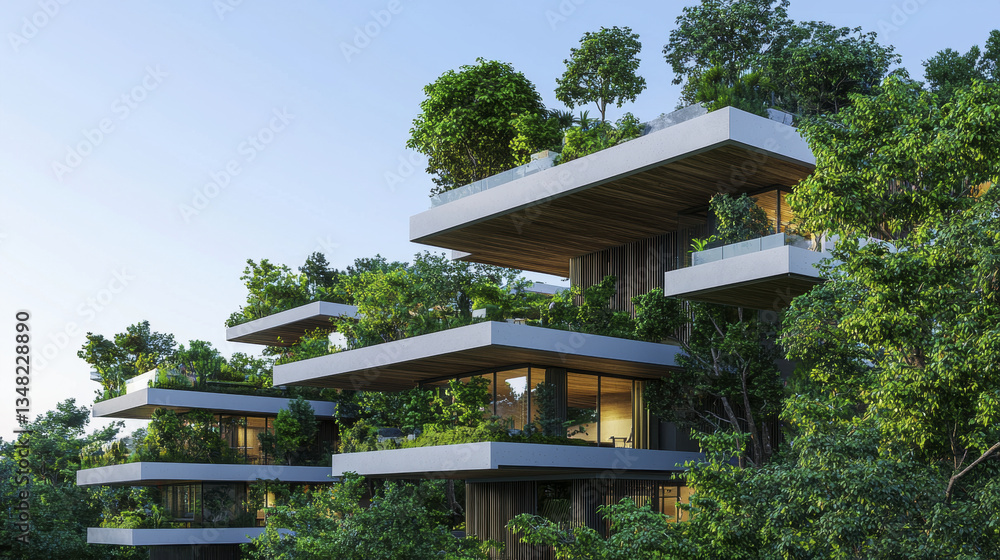 Modern sustainable architecture with greenery and terraces Modern sustainable architecture with greenery and terraces