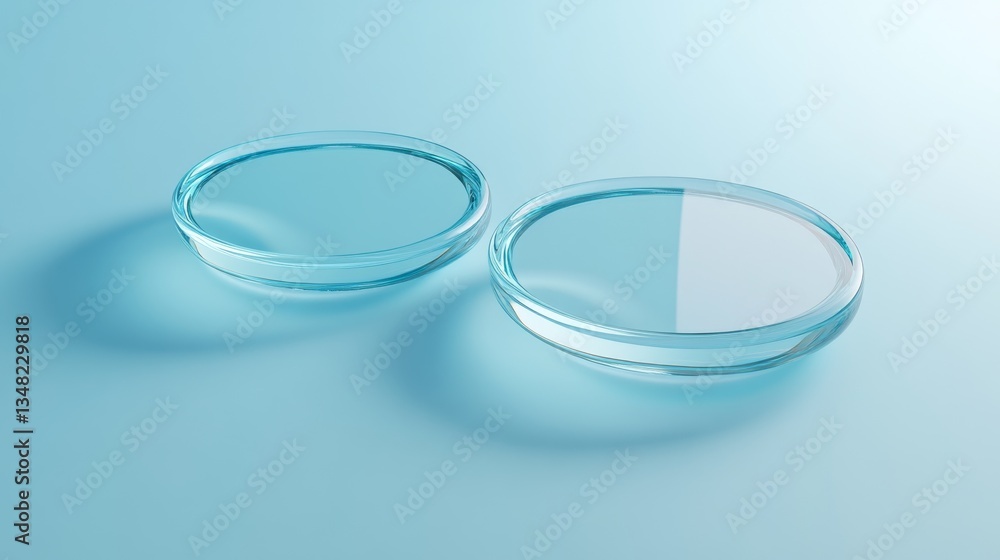Minimalist top-down view of transparent glass circular platforms floating above azure blue gradient background, subtle caustics and light reflections on glass surfaces, gentle ripple effects Minimalist top-down view of transparent glass circular platforms floating above azure blue gradient background, subtle caustics and light reflections on glass surfaces, gentle ripple effects