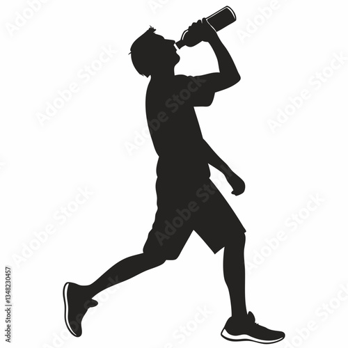 Silhouette of a Person Hydrating With a Reusable Water Bottle While Walking Outdoors in a Lively Environment Generative AI