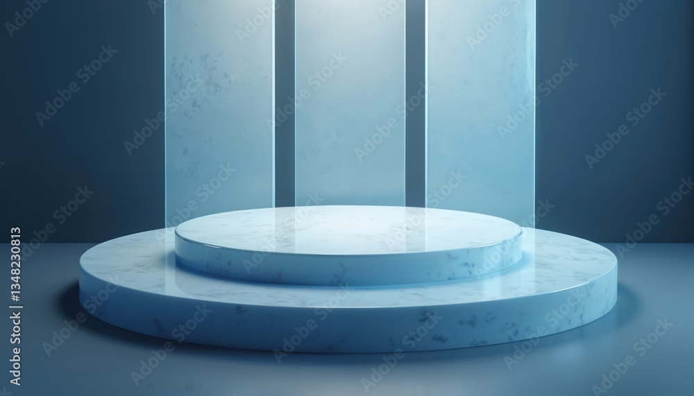Minimalist abstract 3D render blue glass podium, frosted panels. Product display, background scene. Empty stage, showcase presentation. Modern design, technology concept. Digital artwork for Minimalist abstract 3D render blue glass podium, frosted panels. Product display, background scene. Empty stage, showcase presentation. Modern design, technology concept. Digital artwork for