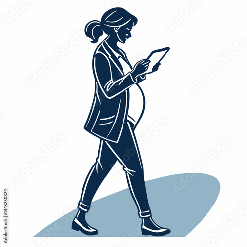 Vector Silhouette of a Professional Pregnant Woman Walking While Using a Tablet in a Casual Office Setting Generative AI
