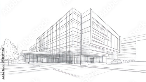 Architectural Building Blueprint, Modern Structure Sketch, Cityscape Background, Design Concept Image, Stock Photo