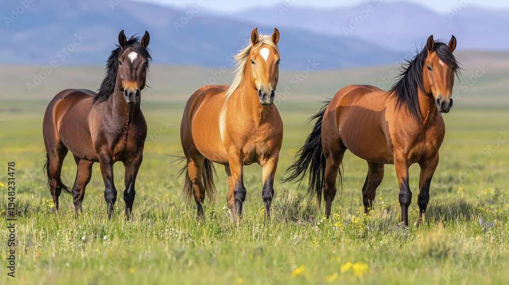 Majestic horses standing in lush green field under clear sky Majestic horses standing in lush green field under clear sky