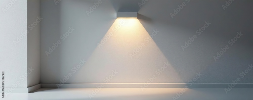 Obraz premium Empty gray wall, minimalist square lamp casts soft light , clean, grey, lines