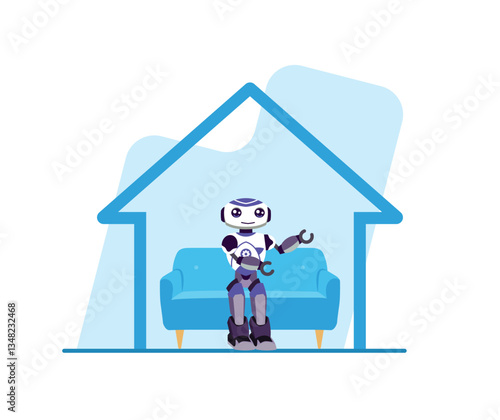 Robot Holding Wrench at Home on Couch Illustration for Home Automation