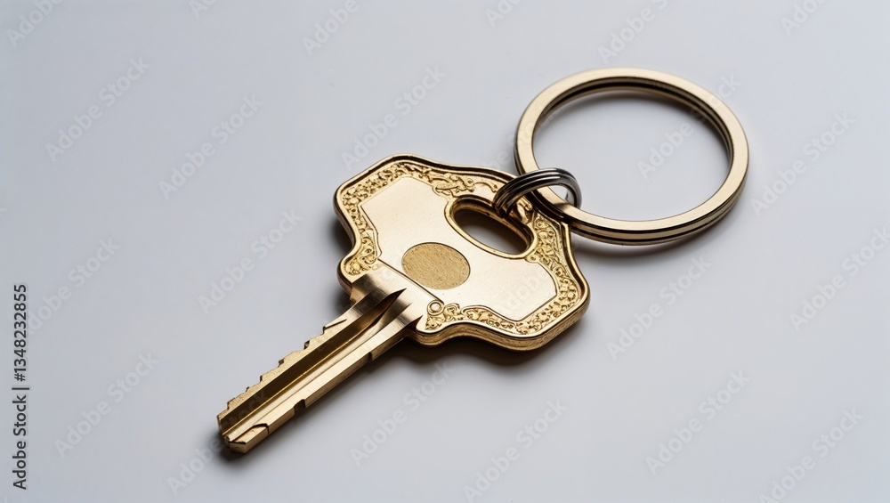 A gold key with an ornate design attached to a keyring. A gold key with an ornate design attached to a keyring.