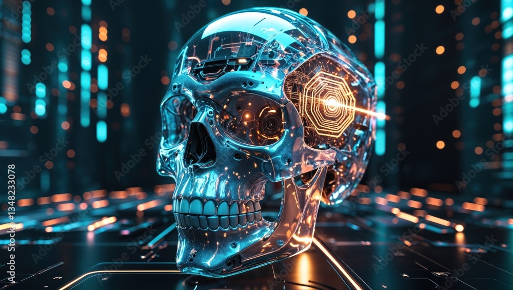 A futuristic, glowing skull with intricate circuitry and digital elements. A futuristic, glowing skull with intricate circuitry and digital elements.