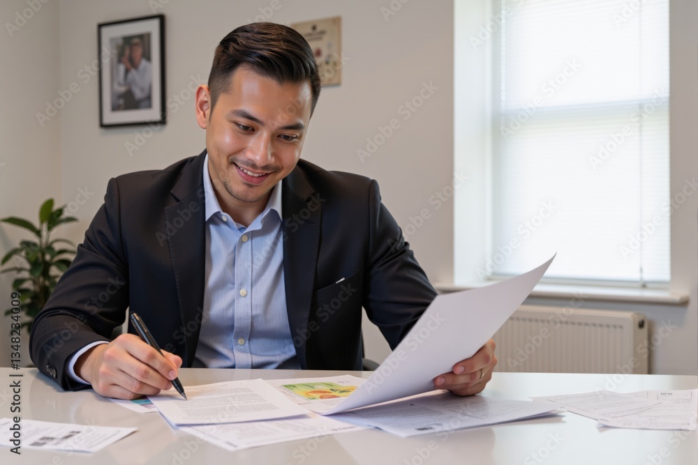 Professional Asian Male Reviewing Documents in a Modern Office Setting with Natural Light and Minimalist Decor Professional Asian Male Reviewing Documents in a Modern Office Setting with Natural Light and Minimalist Decor