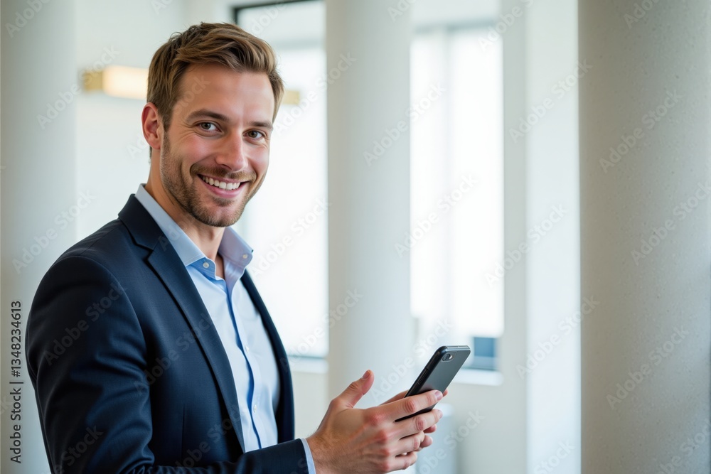 Confident Young Caucasian Man in Business Attire Holding a Smartphone in a Modern Office Environment with Bright Natural Light Confident Young Caucasian Man in Business Attire Holding a Smartphone in a Modern Office Environment with Bright Natural Light