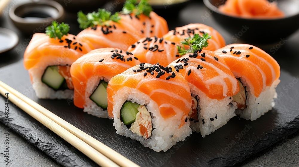 Salmon sushi rolls with black sesame seeds on a dark slate plate with chopsticks Salmon sushi rolls with black sesame seeds on a dark slate plate with chopsticks
