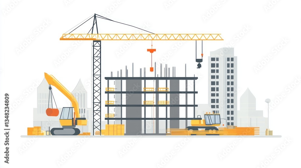 Construction Site Crane Excavator Building Construction Site Crane Excavator Building