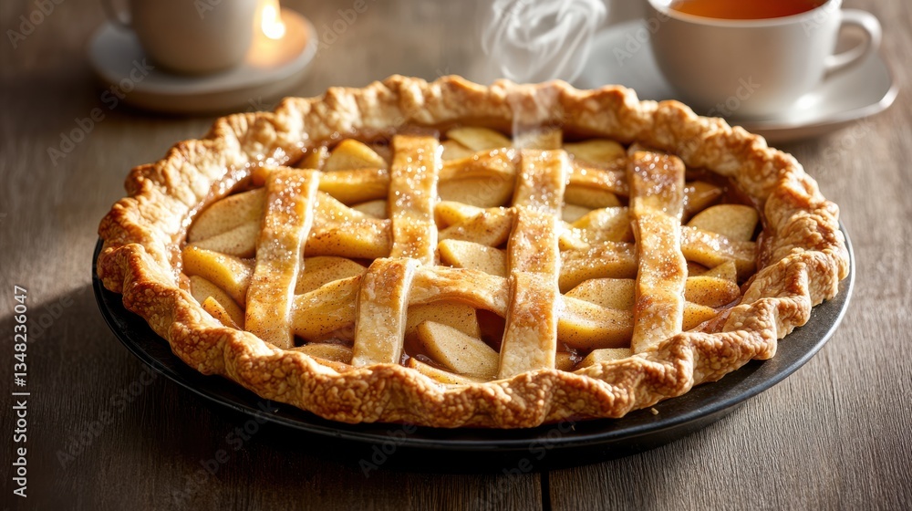 Delicious Pie Served on Plate Accompanied by Warm Cup of Tea for Comfort Delicious Pie Served on Plate Accompanied by Warm Cup of Tea for Comfort