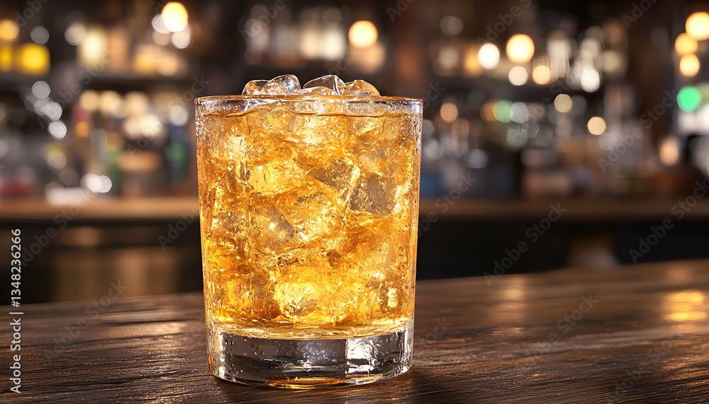 Refreshing amber drink with ice in a rocks glass on a wooden bar top, blurry bar background. Refreshing amber drink with ice in a rocks glass on a wooden bar top, blurry bar background.