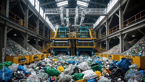 A recycling facility with large machines and heaps of sorted waste materials.