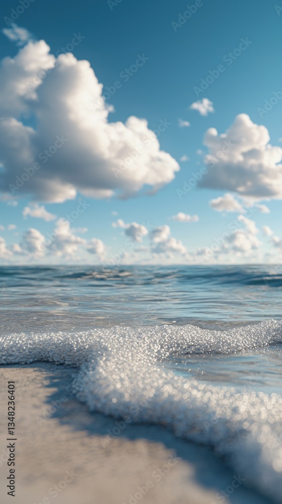 Obraz premium Serene beach gentle waves meet the sand under a bright blue sky and fluffy clouds