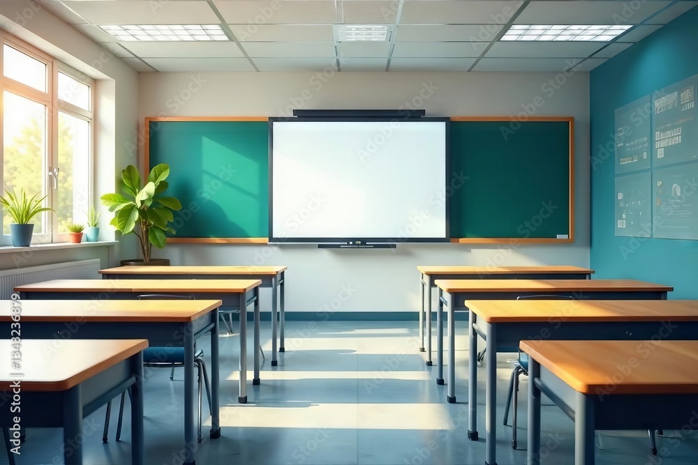 Clean, spacious classroom Interactive board, vibrant desks , space, modern classroom Clean, spacious classroom Interactive board, vibrant desks , space, modern classroom