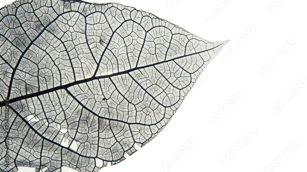 Obraz premium Close-up of a skeleton leaf showing intricate vein structure on transparent background