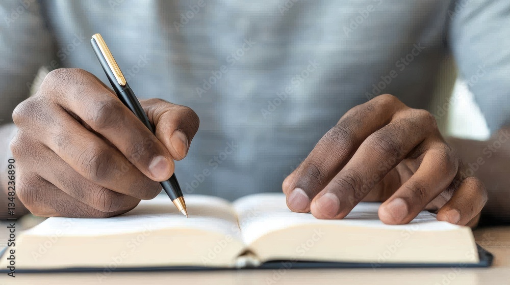 Close Up of Dark Brown Hands Writing in a Notebook Close Up of Dark Brown Hands Writing in a Notebook