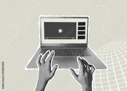Tredy halftone collage. Selection of online video to watch on laptop screen. Concept of watching educational videos, movies, informative content. Vector illustration