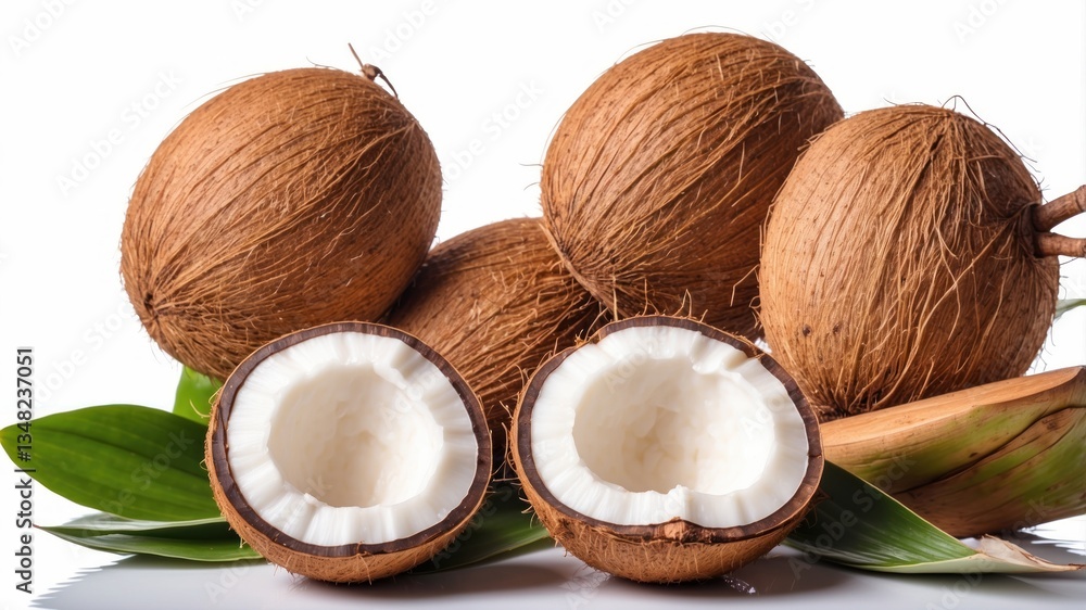 A collection of coconuts, with one cut open to reveal its white flesh. A collection of coconuts, with one cut open to reveal its white flesh.