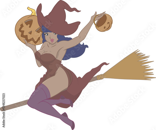 Halloween witch vector illustration flying on broom holding pumpkin head and pumpkin bag in retro cartoon style character