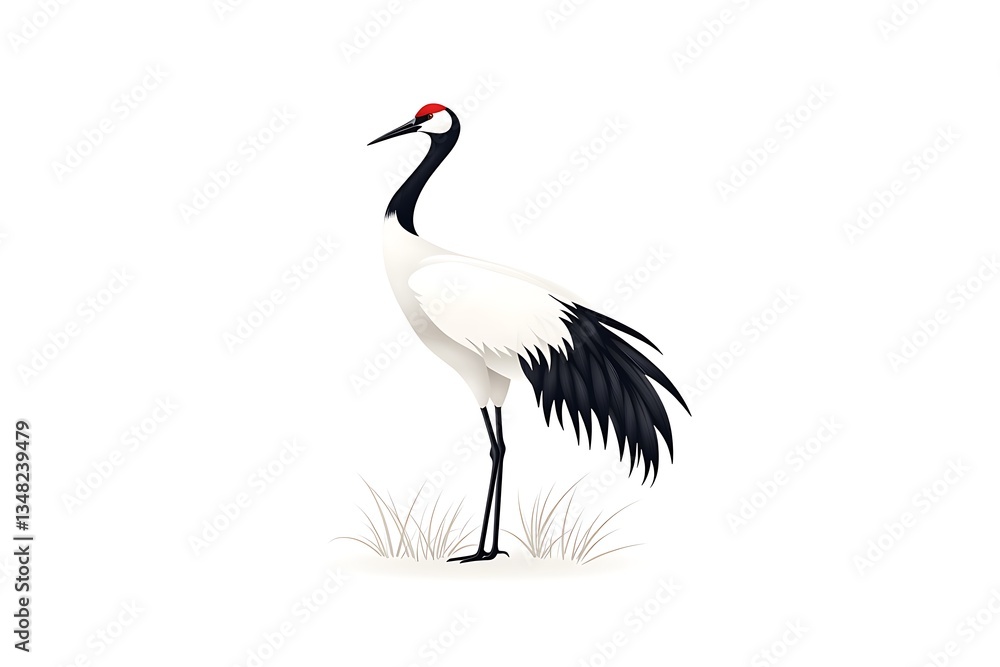 Fototapeta premium Crane standing in grass, illustration, nature, wildlife