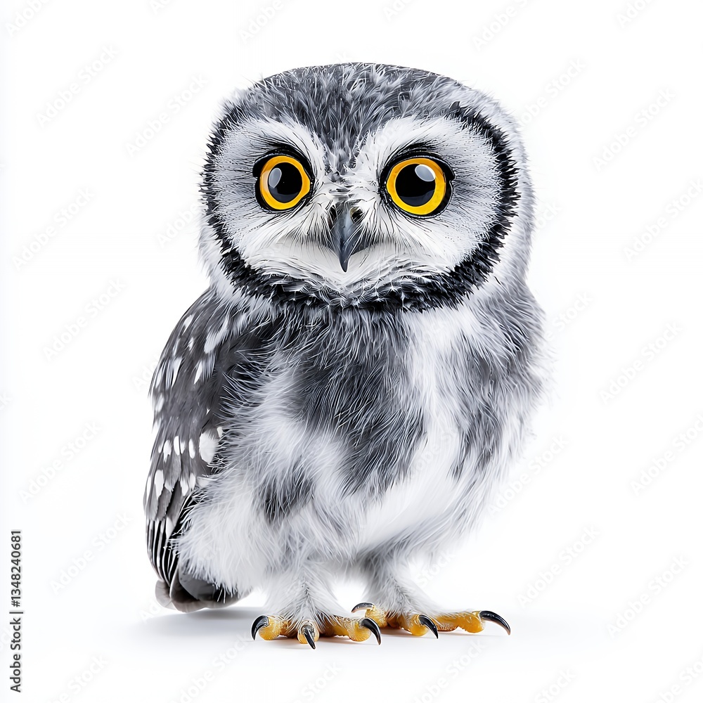 Fototapeta premium Close Up of a Young Gray and White Owl with Bright Yellow Eyes on White Background