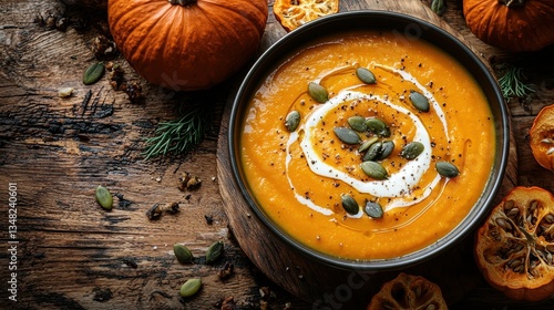 A bowl of creamy pumpkin soup, with a swirl of fresh cream and roasted pumpkin seeds, stands at the center of a rustic wooden table. 