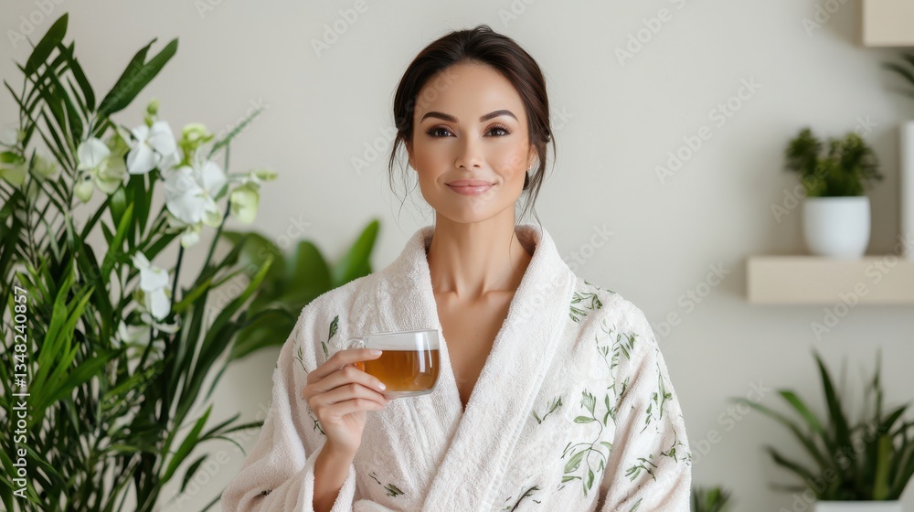 Relaxing Woman in Bathrobe Enjoying Refreshing Beer in Cozy Setting Relaxing Woman in Bathrobe Enjoying Refreshing Beer in Cozy Setting