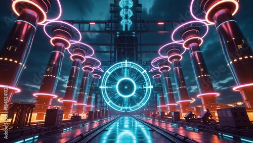 A futuristic industrial setting with glowing structures and a central energy portal.