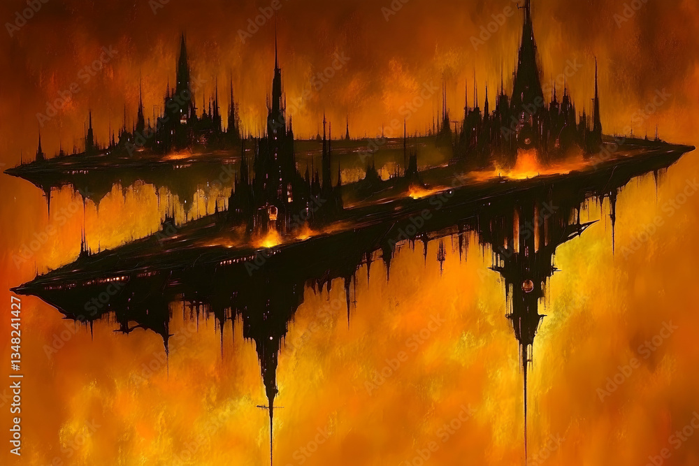 Obraz premium Dark fantasy floating city, fiery landscape, gothic architecture, dystopian cityscape, infernal realm, fiery sky, dark art, digital painting.