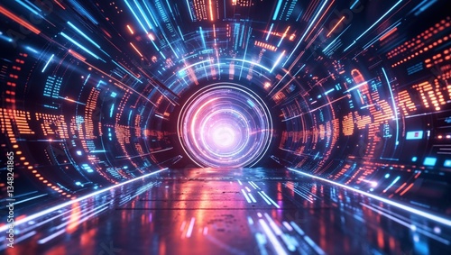 A futuristic tunnel with vibrant lights and digital patterns, suggesting advanced technology.
