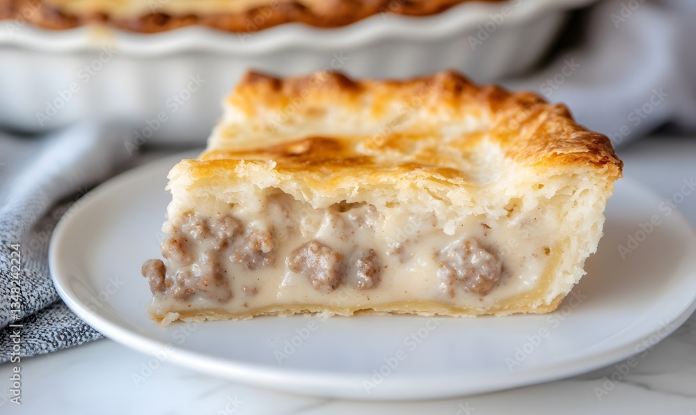 a hearty slice of sausage, gravy, and biscuit pie, Generative AI a hearty slice of sausage, gravy, and biscuit pie, Generative AI