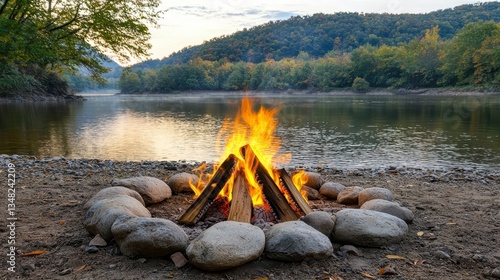 Bright Campfire on Autumn Riverbank at Sunrise