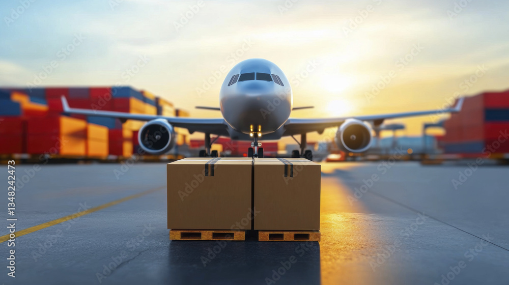 Fototapeta premium cargo airplane prepares for loading at sunset, with boxes on pallets
