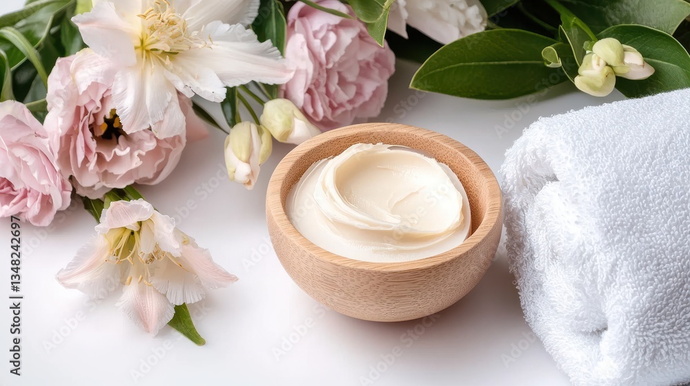 Elegant Bowl of Cream Surrounded by Fresh Flowers on Bright Surface Elegant Bowl of Cream Surrounded by Fresh Flowers on Bright Surface