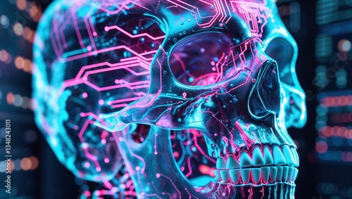 A glowing, futuristic skull with circuit patterns, blending biology and technology.