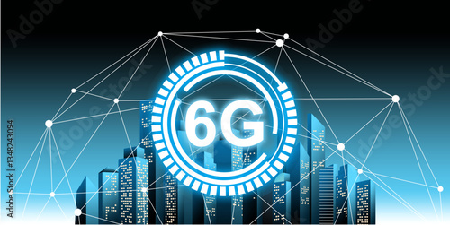 Futuristic smart city with 6G internet network. High-speed wireless communication, digital connection, and modern technology concept. Perfect for innovation, networking, and urban future themes.