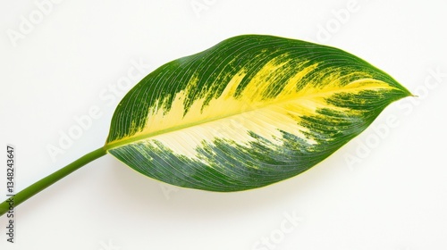 Colorful Leaf with Vibrant Green and Yellow Patterns on White Background