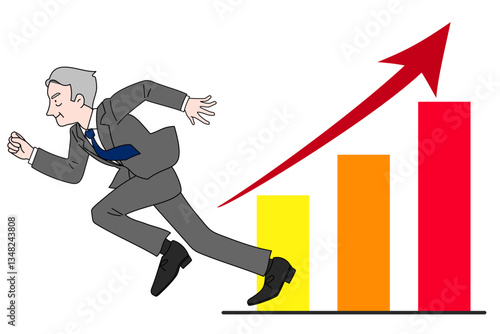 業績好調のチャートと勢いよく走るビジネスパーソン　ミドル　シニア　男性上司　社長