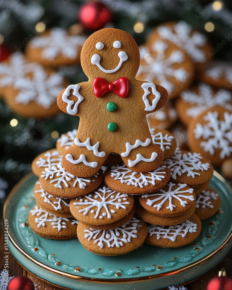 A gingerbread man, adorned with a mischievous smile and a red bow tie, sat atop a stack of Christmas cookies, a festive symbol of the holiday season. A gingerbread man, adorned with a mischievous smile and a red bow tie, sat atop a stack of Christmas cookies, a festive symbol of the holiday season.