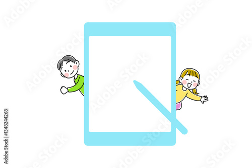 タブレットを使いコミュニケーションをとるこどものイメージイラスト素材
