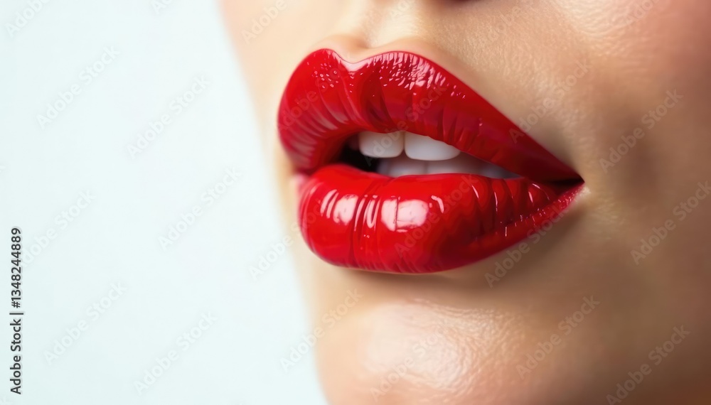 Obraz premium Close-up vibrant red lipstick, pristine white backdrop, flawless, bright, perfect