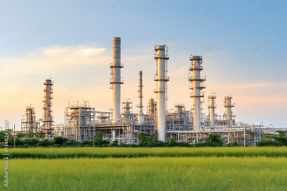 Industrial refinery complex at sunset, contrasting modern technology with natural landscape.