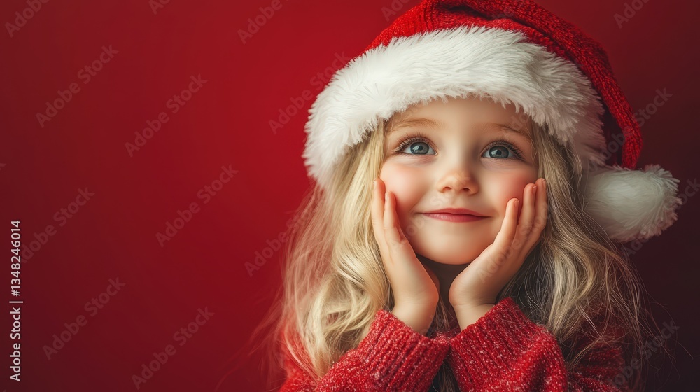 Adorable Little Girl in Santa Hat Festive Christmas Portrait Red Background Adorable Little Girl in Santa Hat Festive Christmas Portrait Red Background
