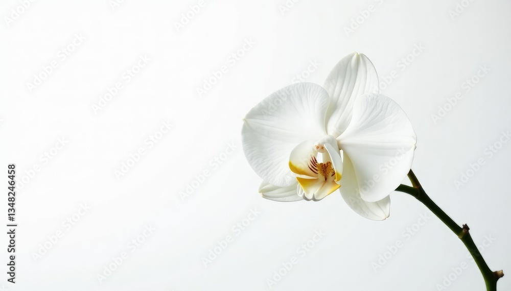Fototapeta premium Delicate white orchid blossom on pure white backdrop, macro, high resolution, pure