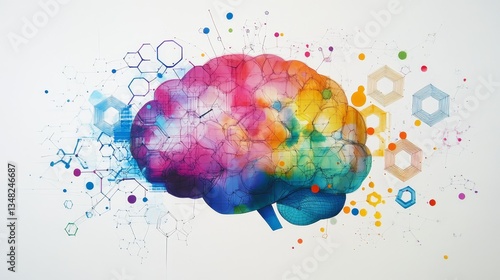 A white background with colorful geometric shapes forming the outline of an abstract brain