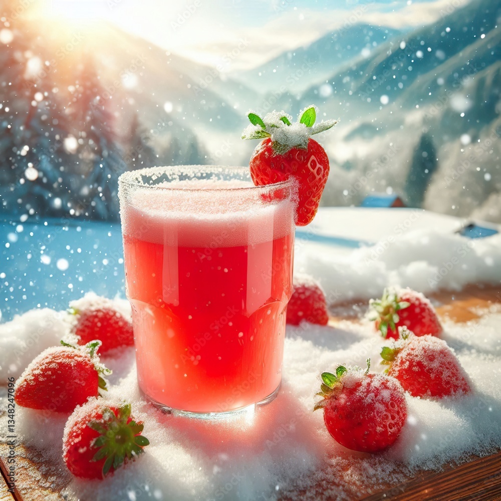 a glass of fresh strawberry juice based in snow and it is snowing sunlight snowy scenery all around a glass of fresh strawberry juice based in snow and it is snowing sunlight snowy scenery all around