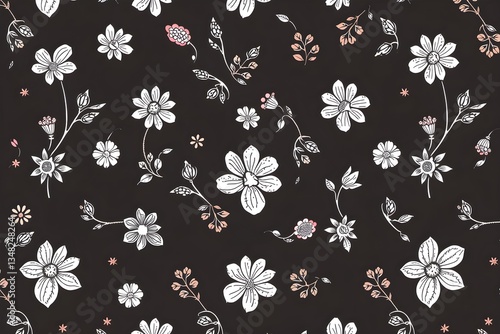 Wallpaper Mural Black background with a decorative floral pattern featuring white and pink flowers, delicate petals, and swirling vines, creating an elegant, serene feel Torontodigital.ca